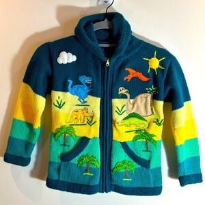 HANDMADE Sz L Colorful Dinosaur Appliqués Knit Cardigan Zipper Hooded Pockets